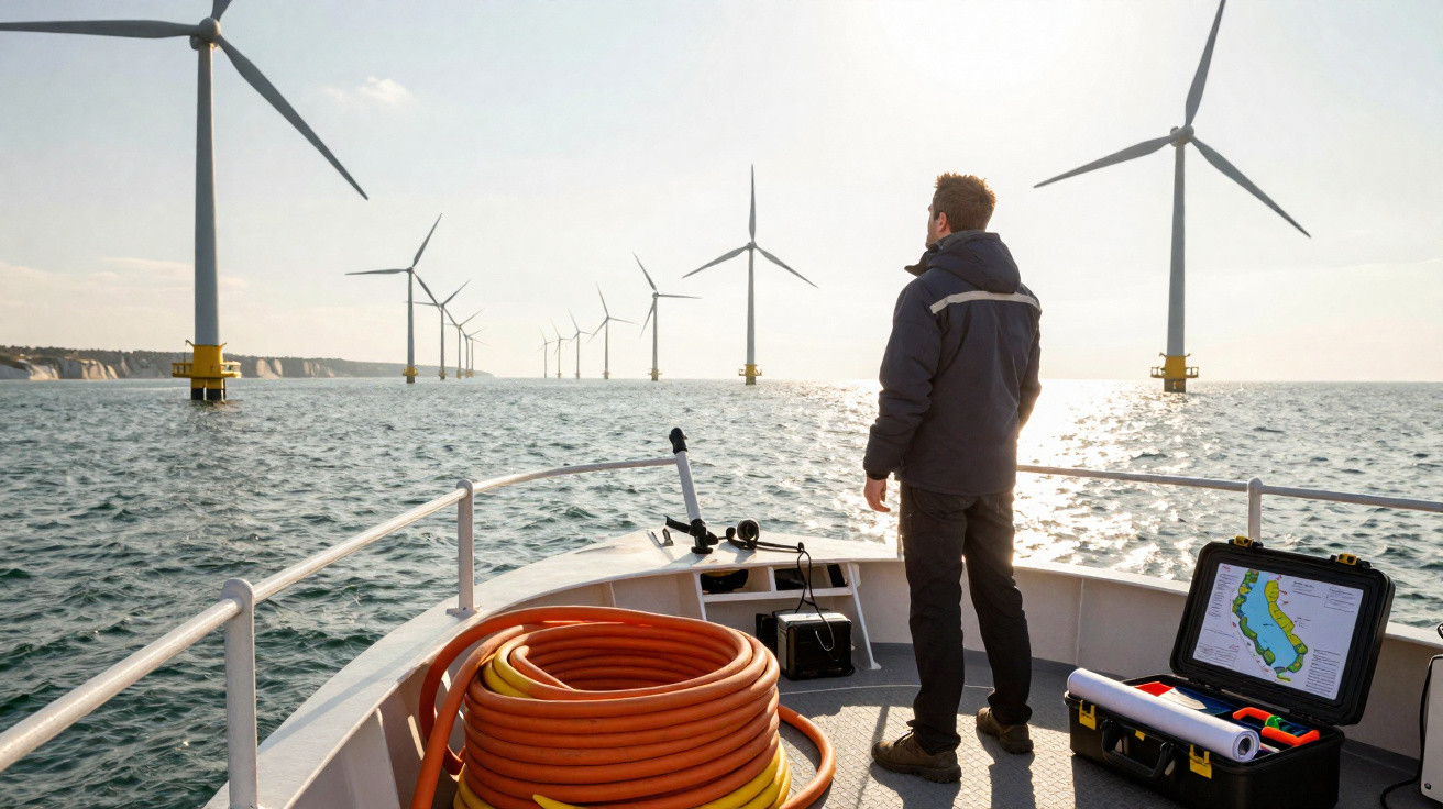 Homem de capacete observa turbinas eólicas offshore a partir de um barco no mar ao entardecer.