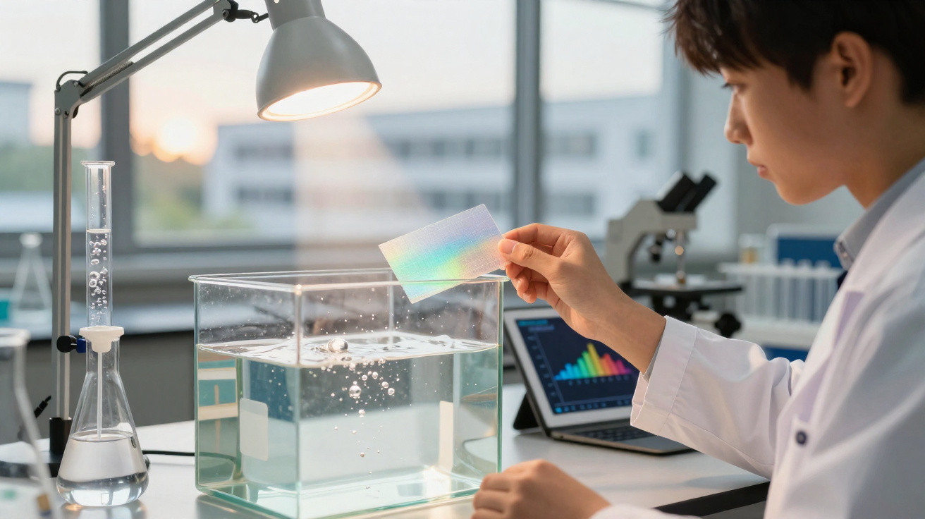 Jovem cientista manuseando um material colorido dentro de um tanque de água em laboratório moderno.