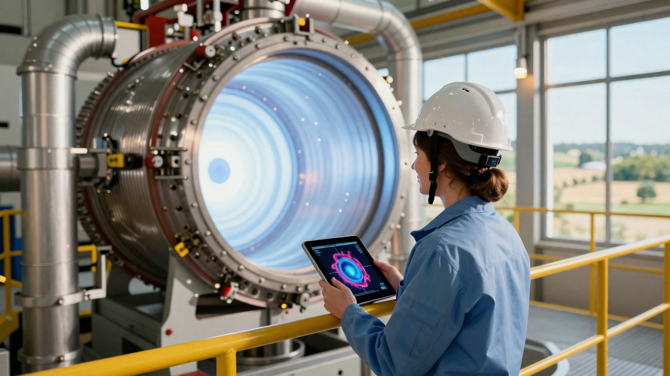 Engenheira usando tablet perto de equipamento industrial futurista em laboratório aberto.