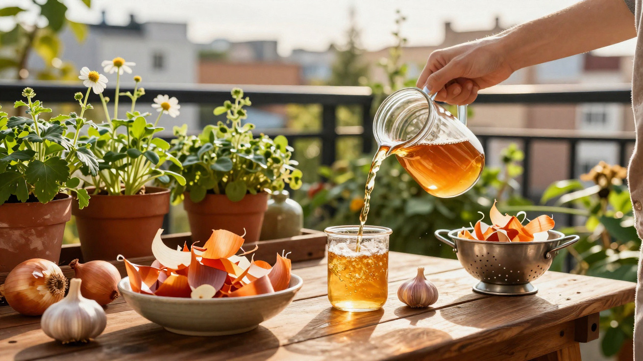 Pessoa regando plantas em vasos com água de jarra em uma varanda ensolarada de madeira.