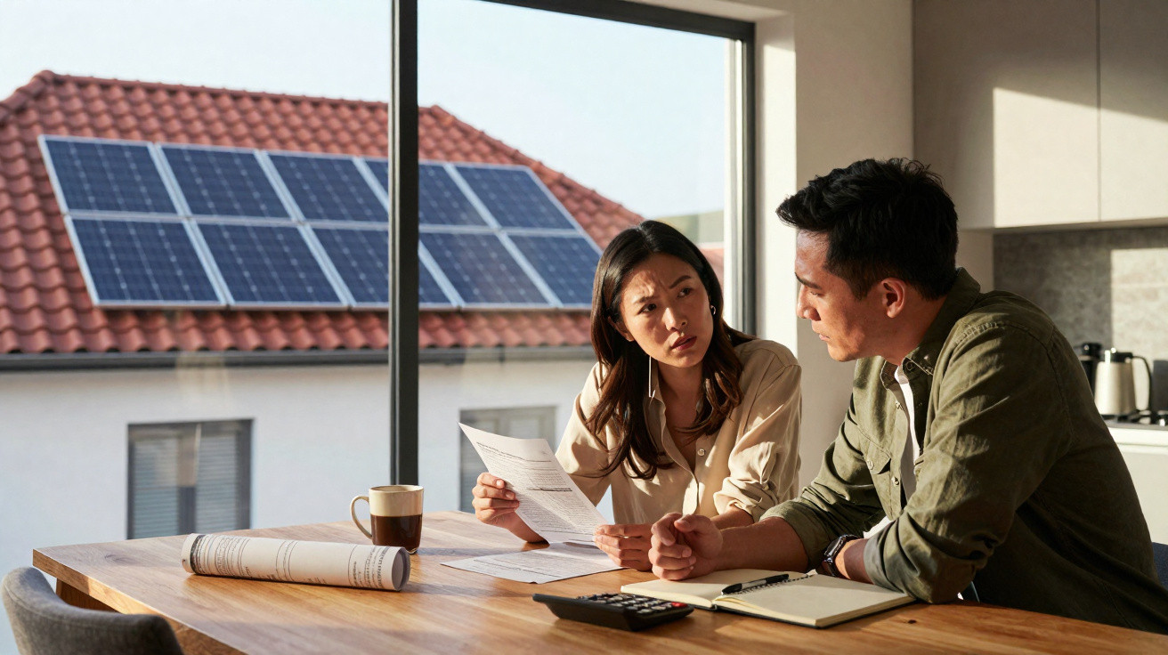 Casal em cozinha discutindo contas com painéis solares visíveis pela janela ao fundo.