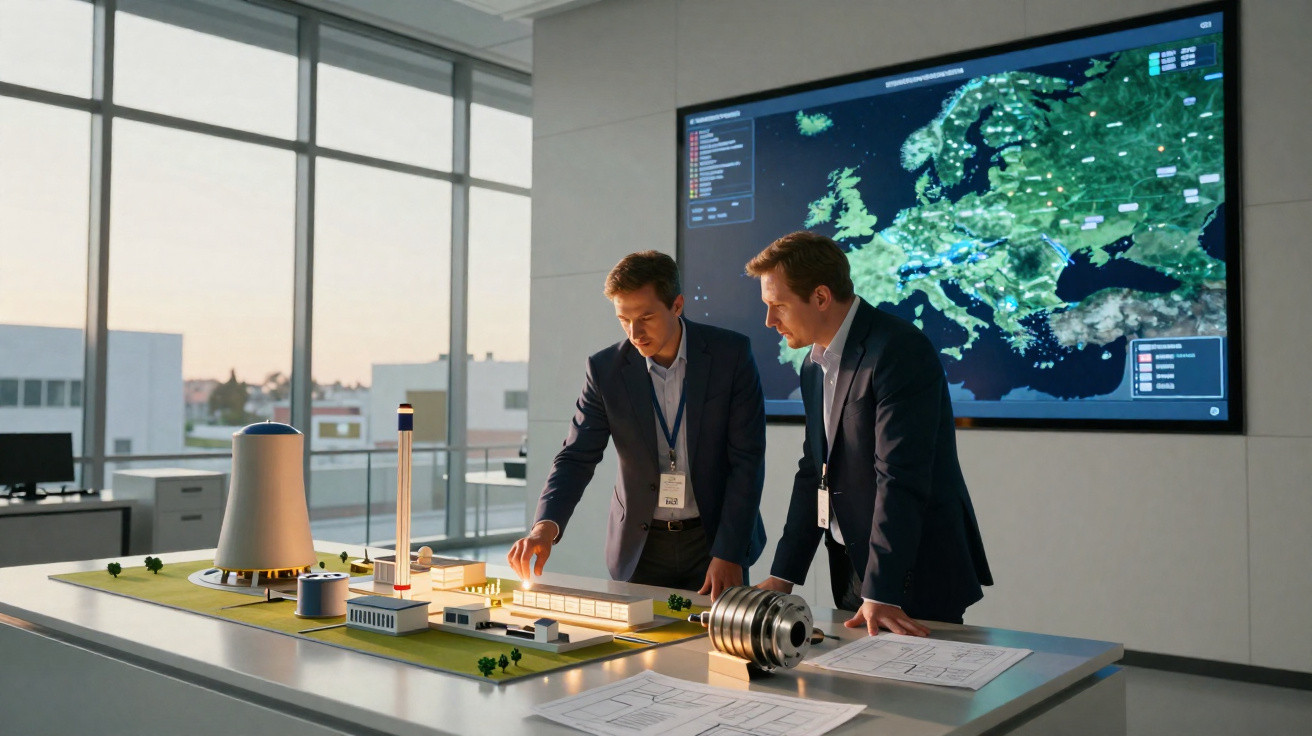 Dois homens analisam maquete industrial em sala com mapa digital da Europa ao fundo.