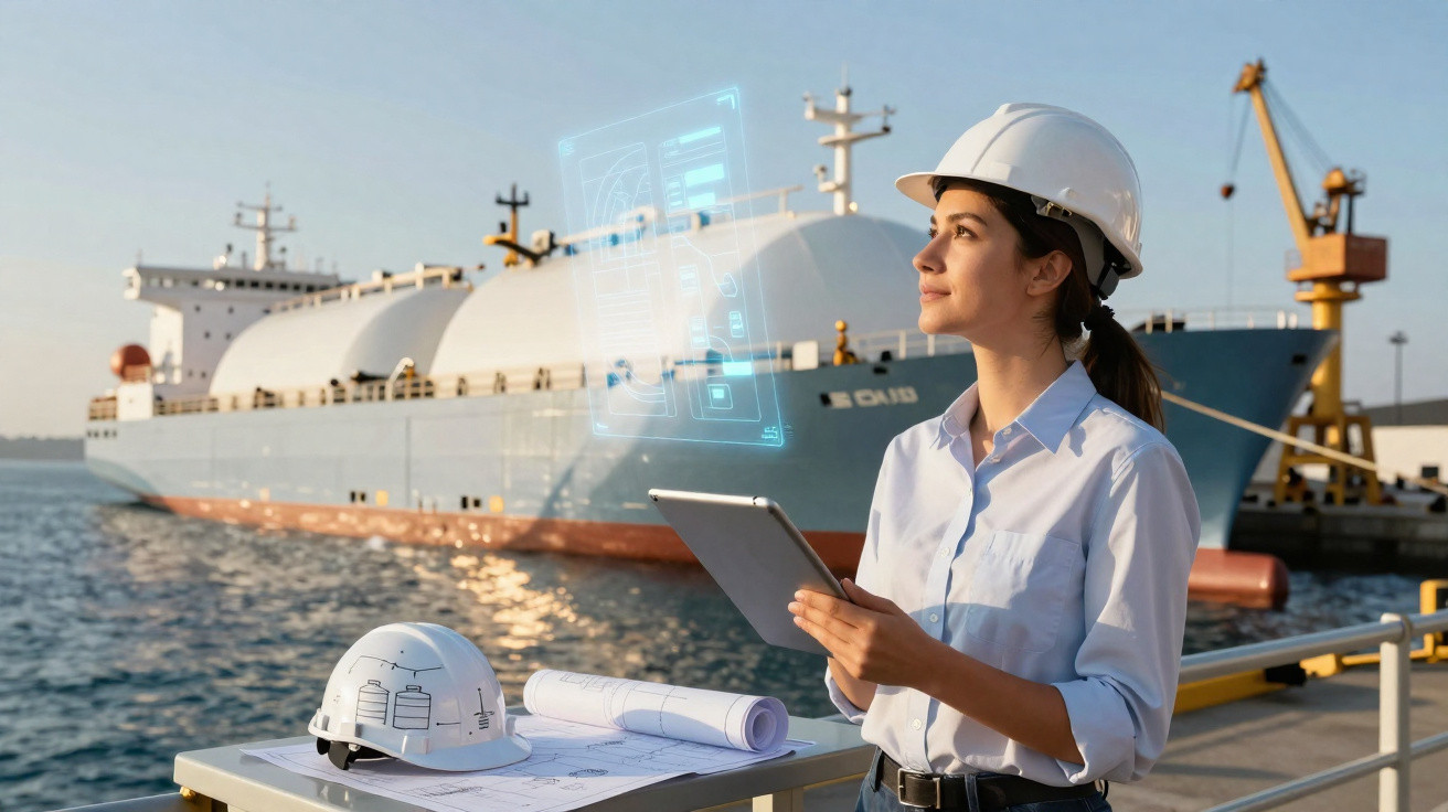 Engenheira naval com capacete segurando tablet próximo a navio tanque no porto ao pôr do sol.