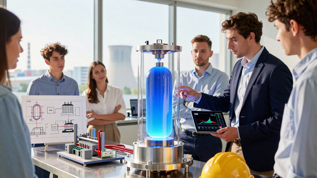 Equipe de engenheiros explica tecnologia futurista com maquete e display digital em laboratório moderno.