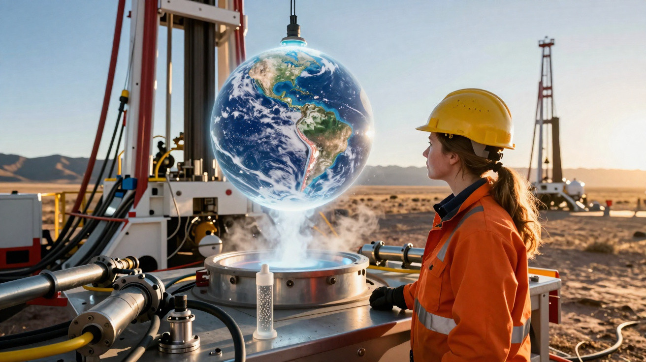 Mulher com capacete e roupa de segurança observa holograma do planeta Terra em equipamento industrial ao ar livre.