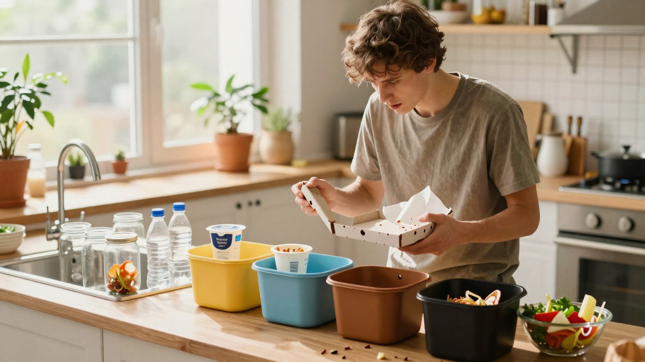 Jovem separando lixo reciclável em cesto amarelo, azul, marrom e preto em cozinha moderna.