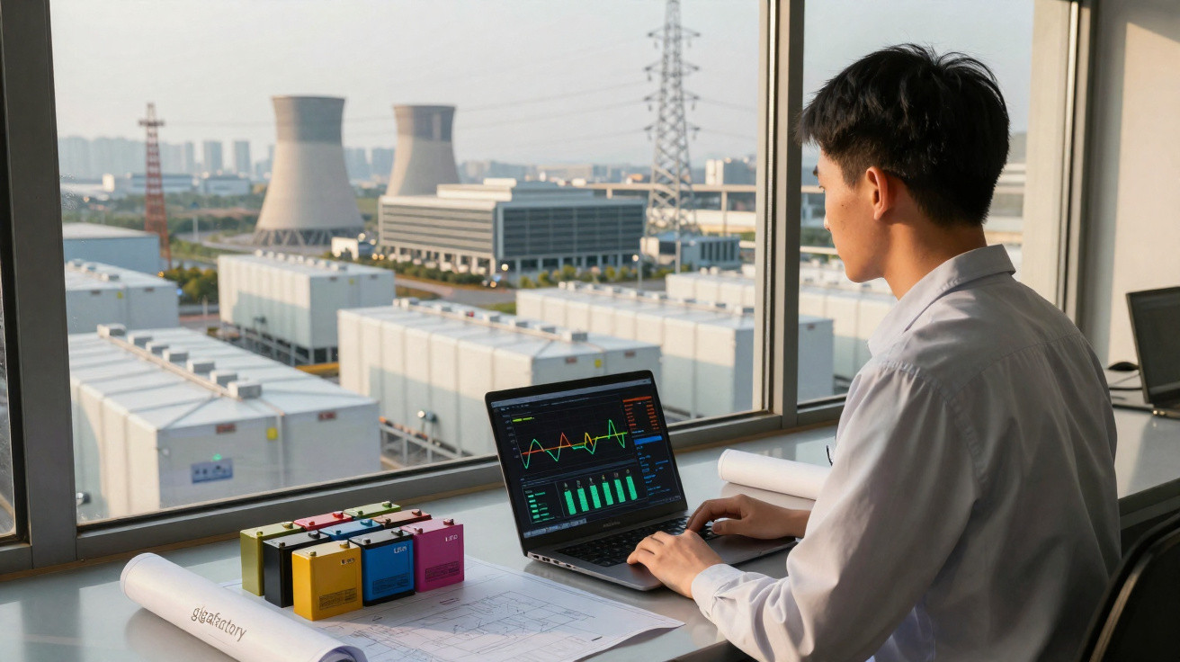 Homem analisa gráficos no laptop em escritório com vista para usina industrial e torres de resfriamento.
