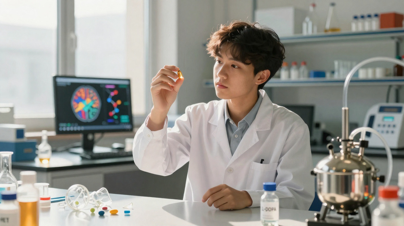 Pesquisador em laboratório segurando cápsula amarela com gráfico cerebral no monitor ao fundo.