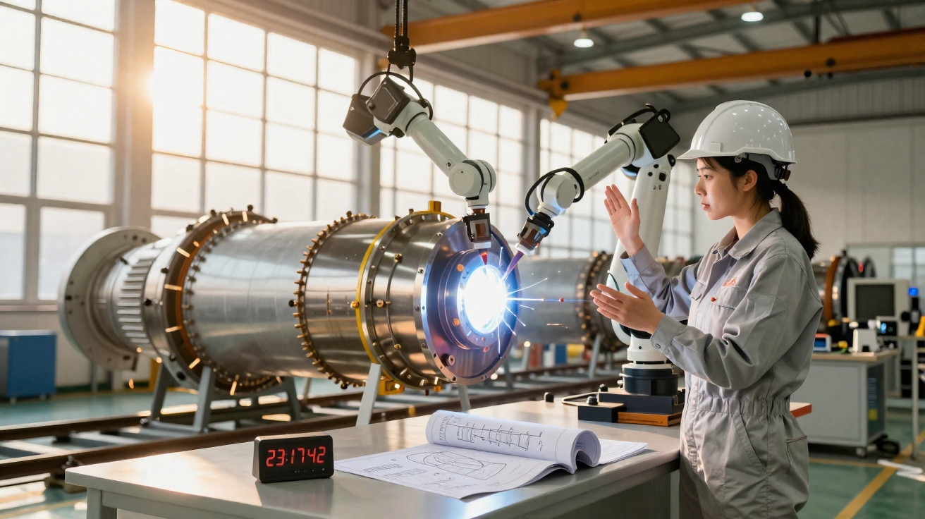 Mulher com capacete e macacão observa equipamento industrial com braço robótico em laboratório moderno.