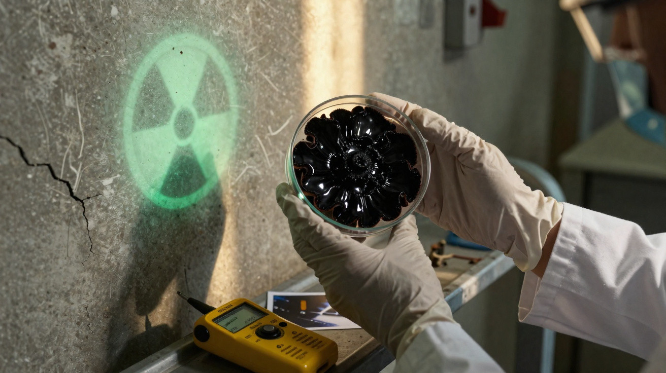 Mãos com luvas segurando placa de Petri com cogumelo preto em laboratório com parede iluminada.