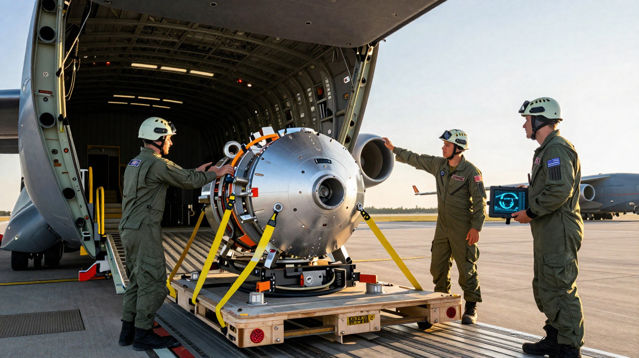 Dois técnicos militares preparam equipamento especializado para transporte em avião de carga em pista de aeroporto.