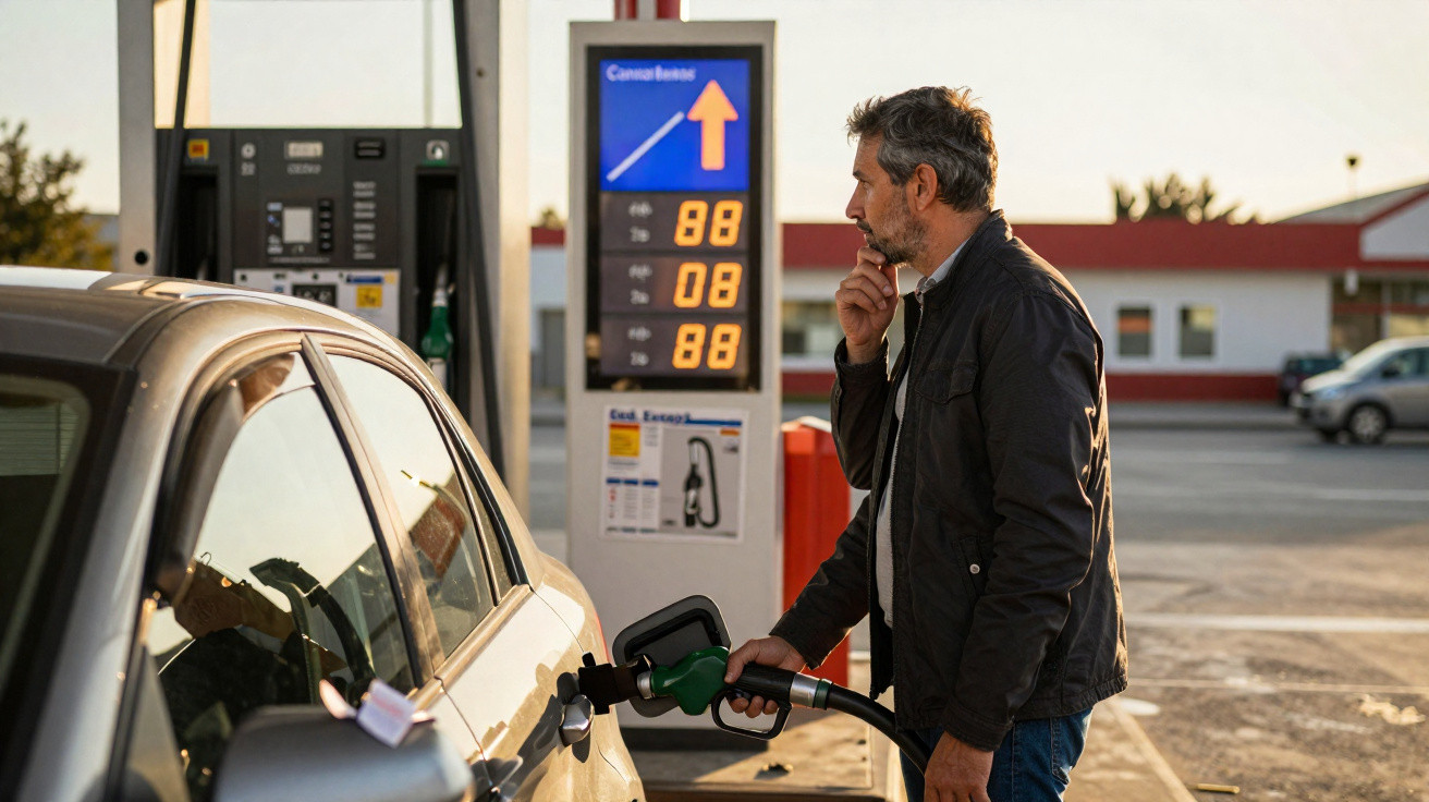 Homem abastecendo carro em posto de gasolina com painel de preços ao fundo.