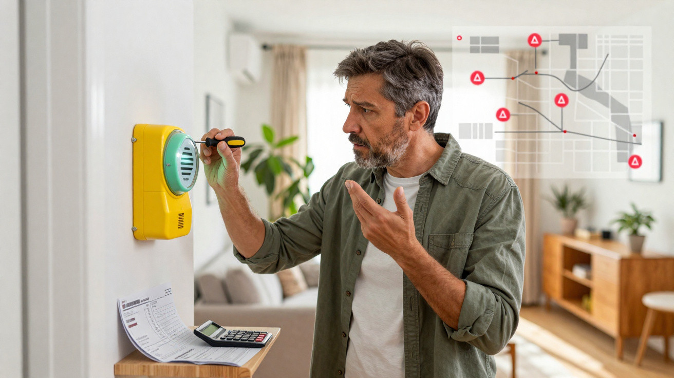 Homem analisando painel amarelo de medidor com ferramenta e mapa digital flutuante em sala.