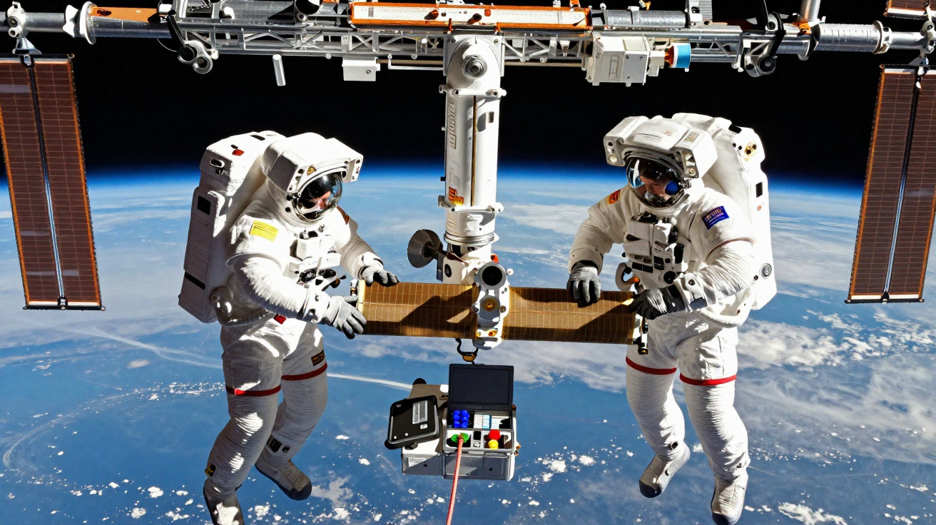 Dois astronautas em traje espacial realizando manutenção em módulo da estação espacial em órbita terrestre.