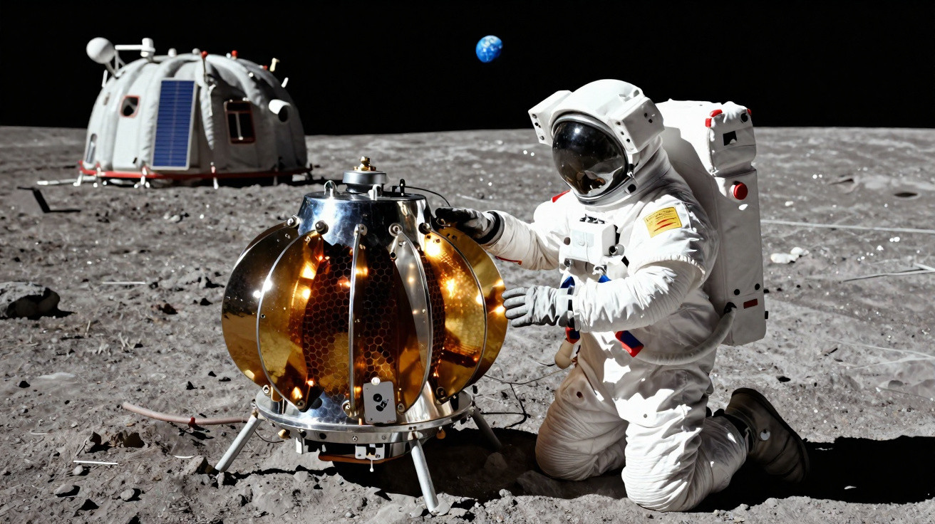 Astronauta em traje espacial coleta amostras na superfície lunar com Terra visível ao fundo.