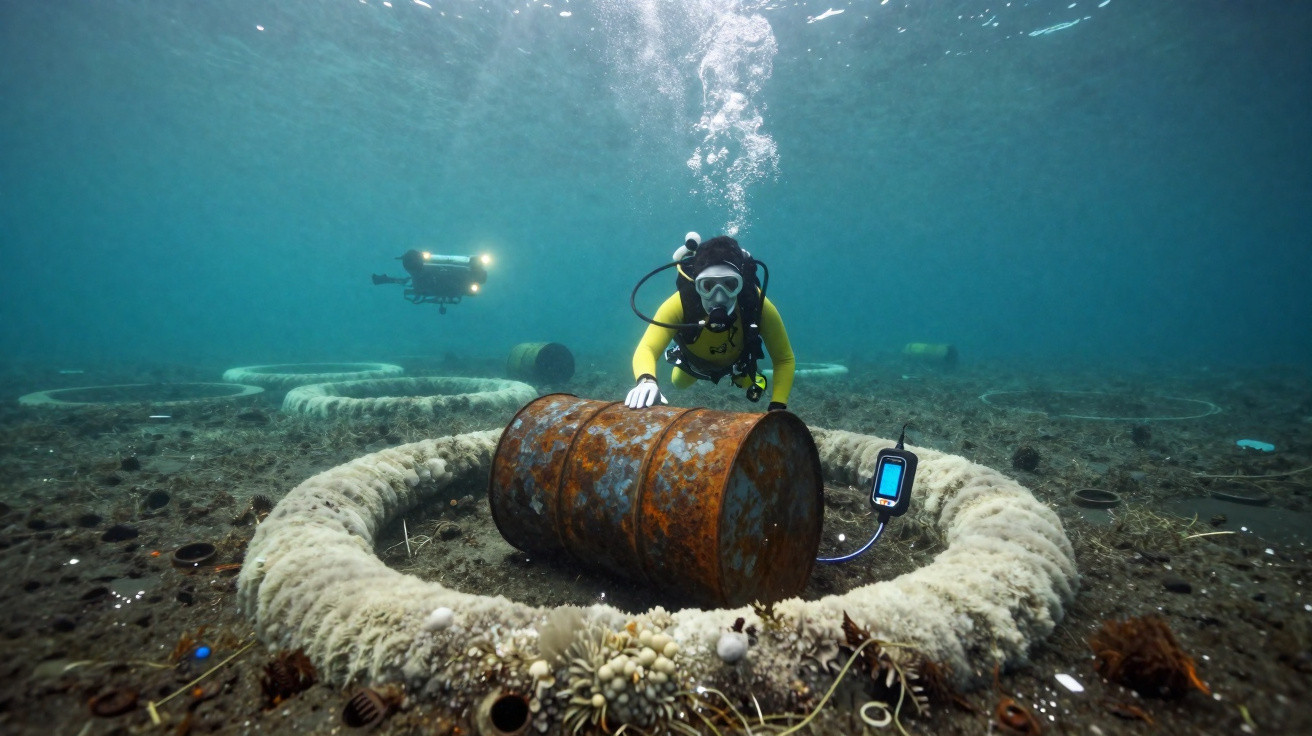 Mergulhador em traje amarelo explora barril enferrujado e equipamento subaquático no fundo do mar.