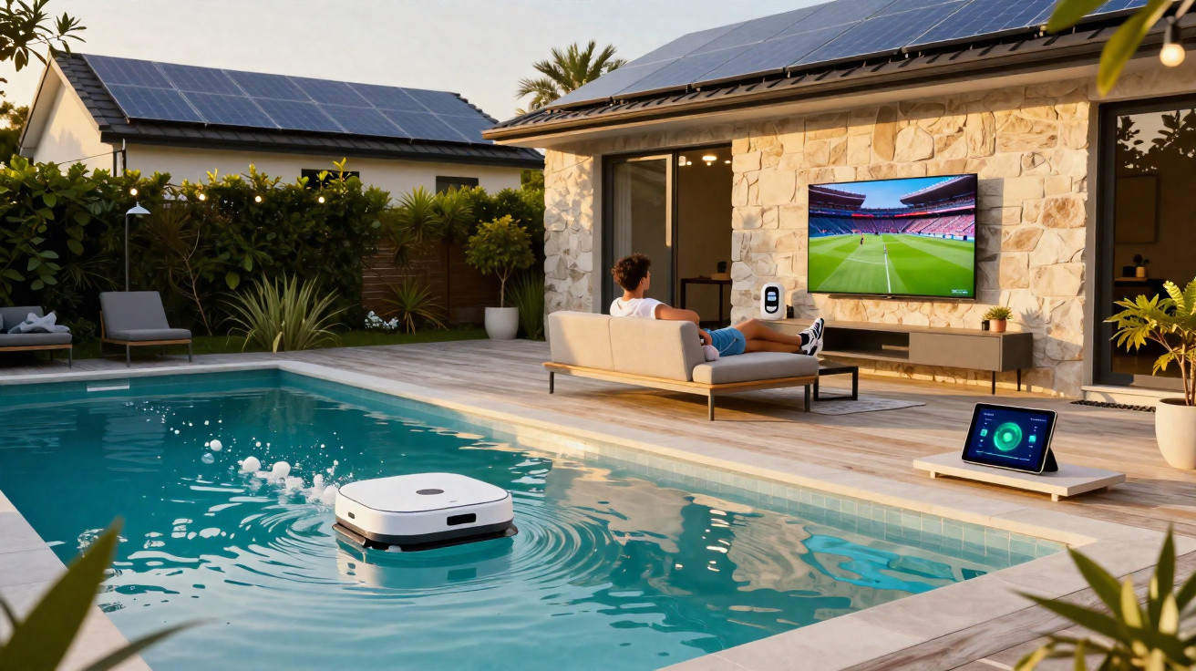 Robô limpador de piscina funcionando em piscina de área externa com homem assistindo TV ao fundo.