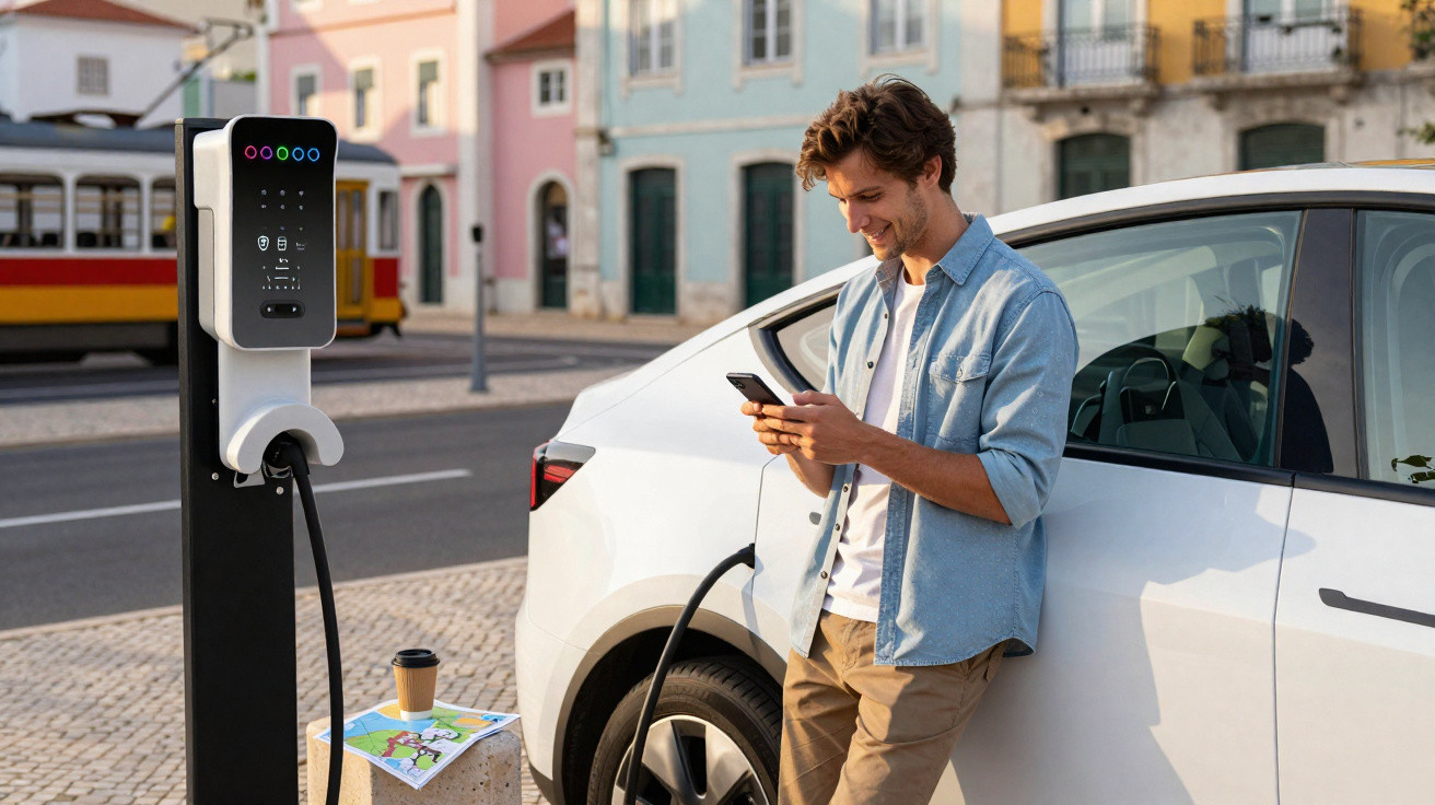 Homem usando celular enquanto seu carro elétrico branco recarrega em estação urbana.