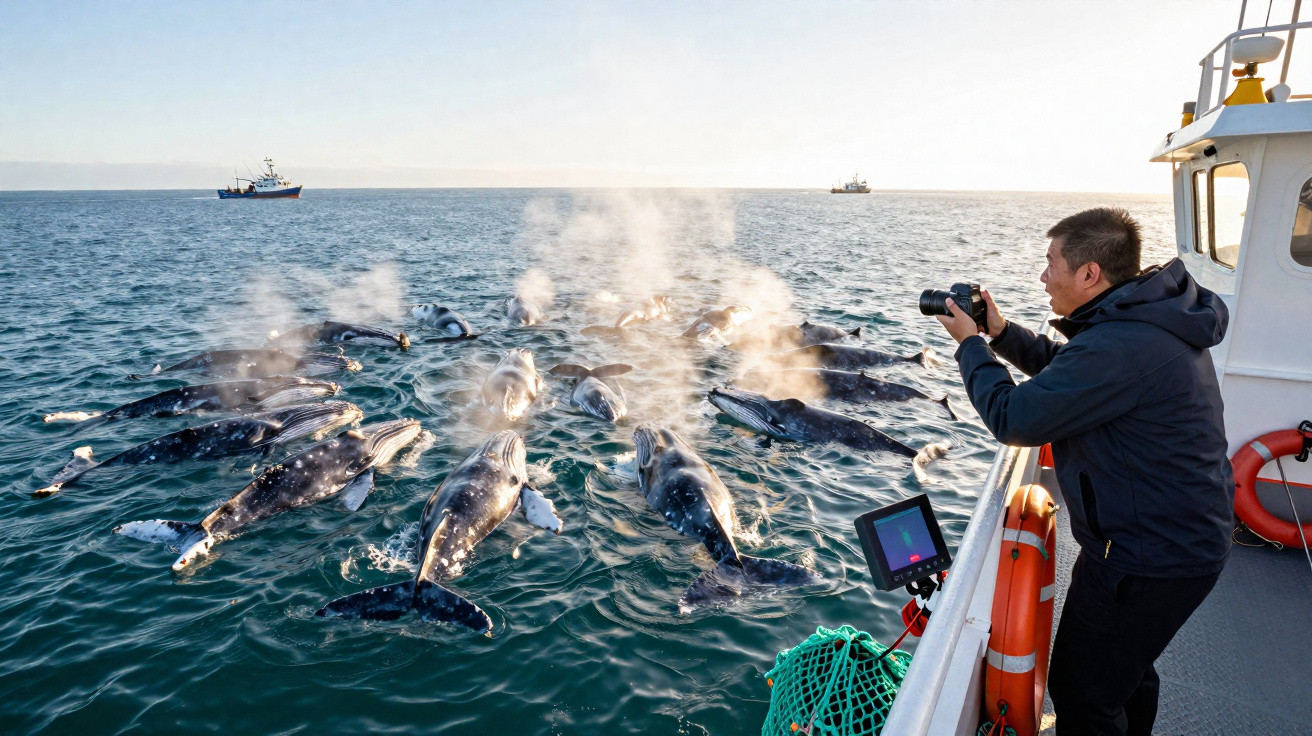 Homem no convés de barco fotografando grupo de baleias jubarte na superfície do oceano.