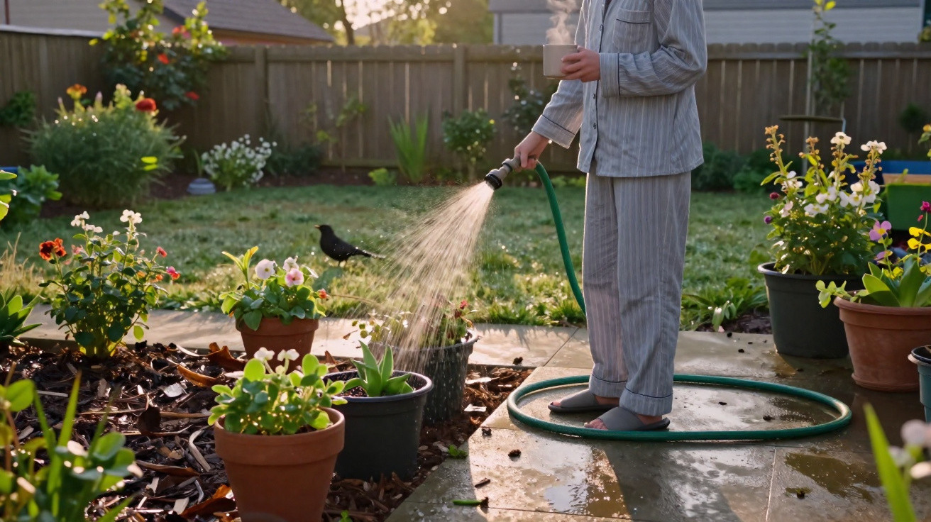 Pessoa em pijama regando plantas em vasos no jardim com mangueira e segurando uma caneca.