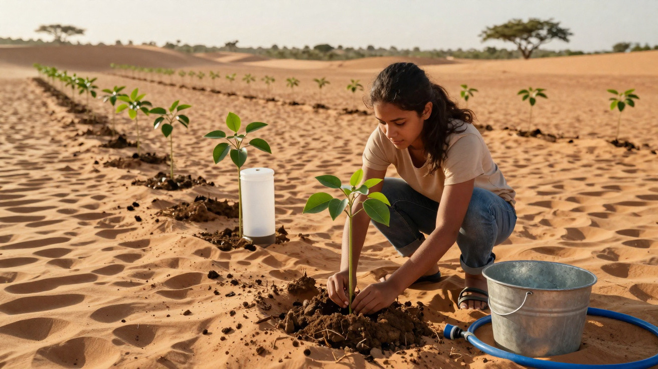 Mulher plantando mudas em solo árido do deserto com regador, balde e mangueira ao lado.