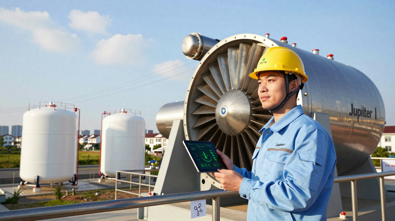 Homem com capacete amarelo e uniforme azul inspeciona turbina industrial ao ar livre segurando tablet.
