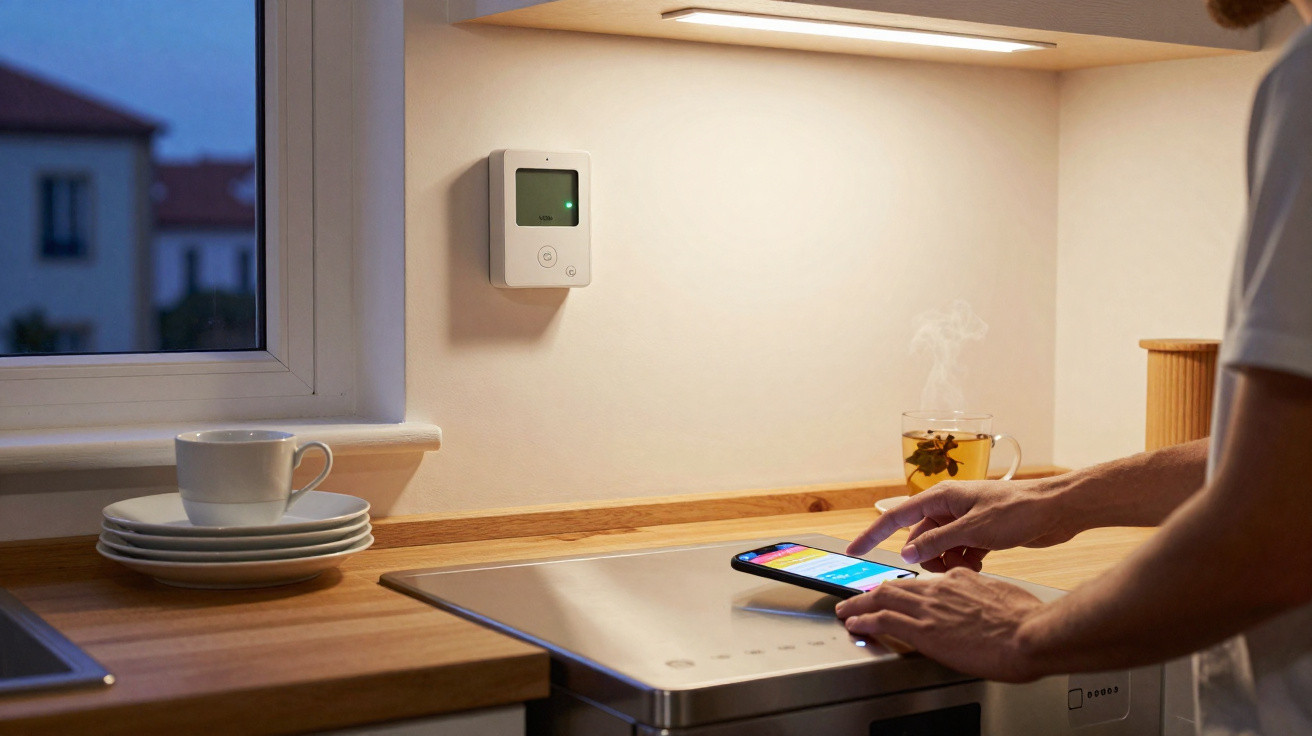 Pessoa ajustando fogão elétrico embutido em cozinha com chá quente ao lado e celular na bancada.