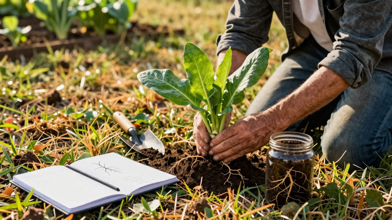 Pessoa plantando muda em solo fértil, com livro aberto, pá e frasco ao lado no jardim.