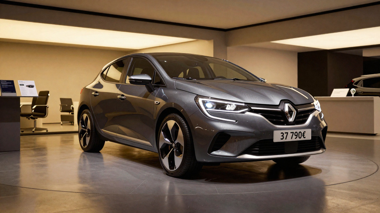 Carro Renault cinza estacionado em ambiente moderno com painel informativo ao lado.