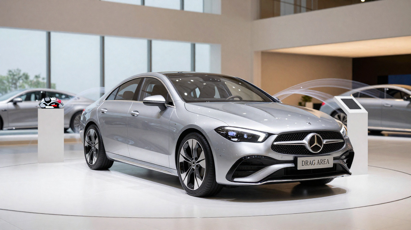 Carro prata Mercedes-Benz estacionado em exposição iluminada com outros carros ao fundo.