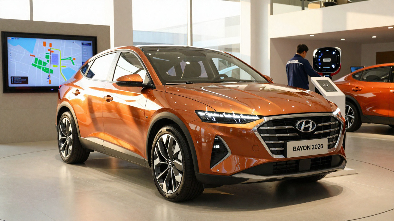 Carro Hyundai Bayon 2026 em exposição, cor cobre metálico, com painel digital ao fundo.