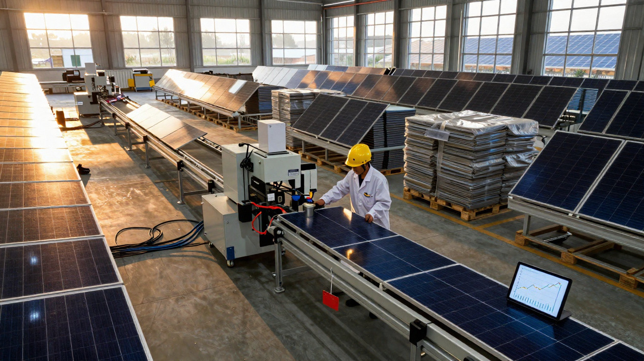 Funcionário com capacete inspecionando painéis solares em linha de montagem industrial iluminada por luz natural.