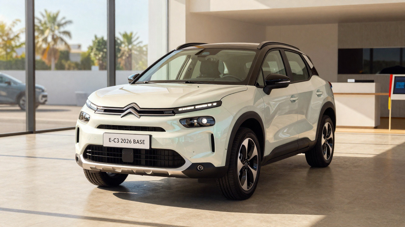 Carro SUV elétrico branco Citroën E-C3 2026 exibido em showroom moderno com piso de concreto.