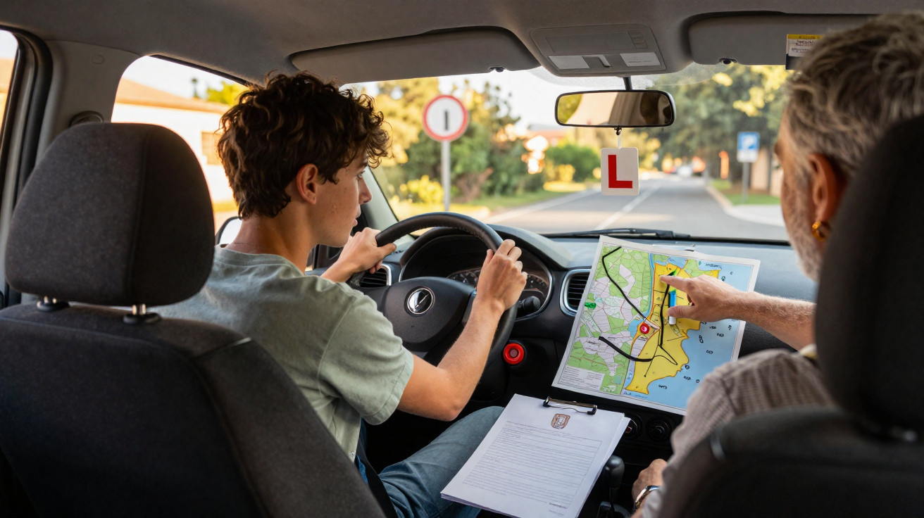 Instrutor de direção apontando mapa enquanto jovem dirige carro com placa de aprendiz no retrovisor.