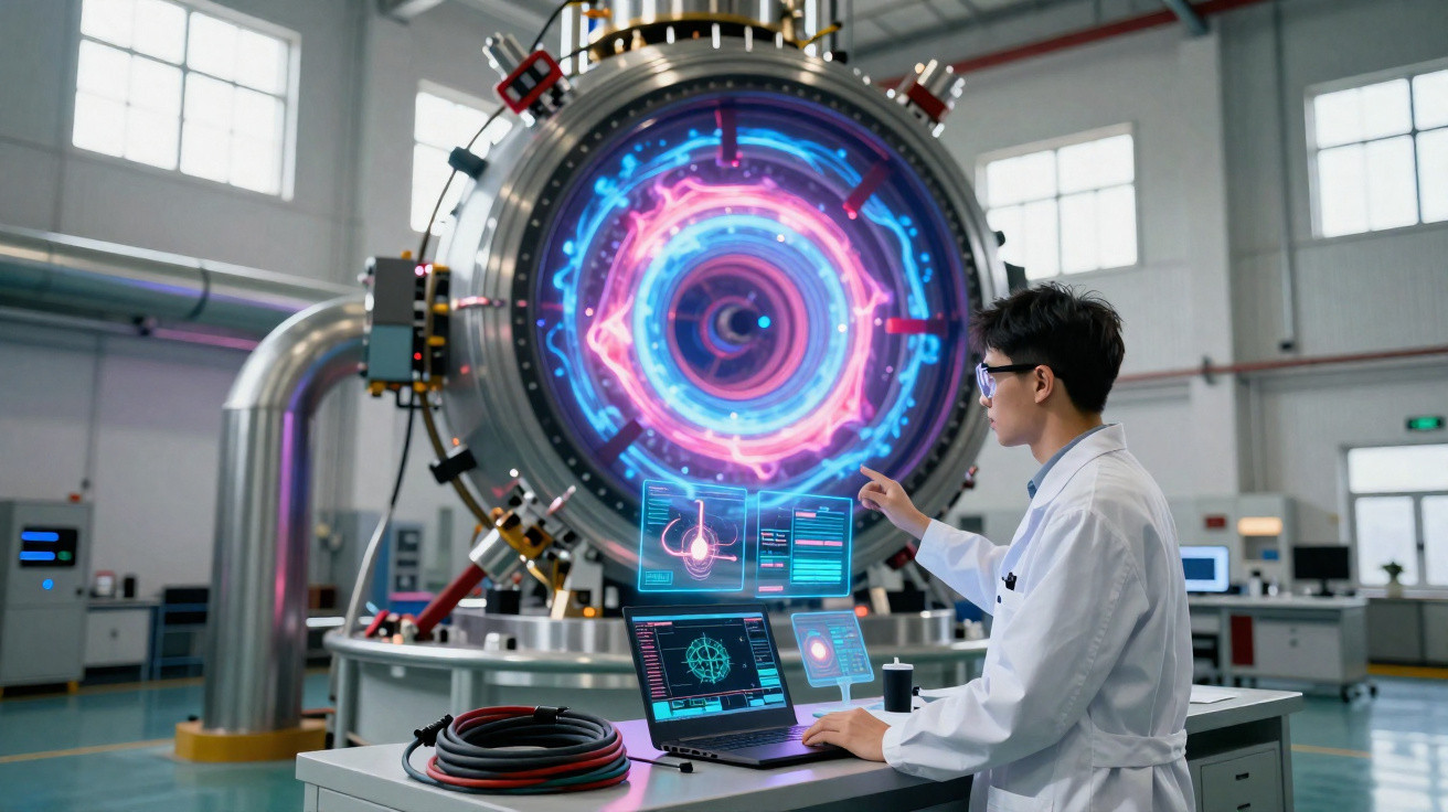 Cientista em laboratório interage com máquina circular brilhante exibindo energia azul e rosa.