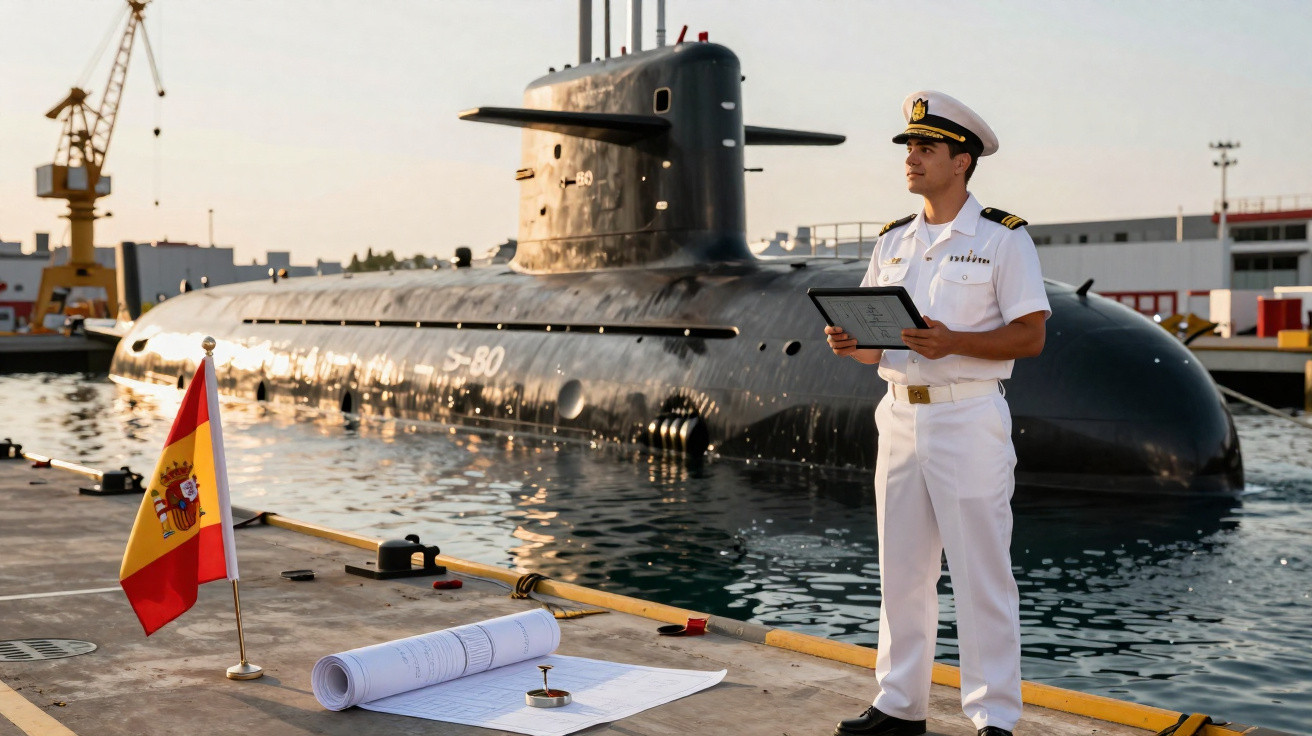 Oficial naval em uniforme branco com tablet, ao lado de um submarino no porto com bandeira da Espanha.