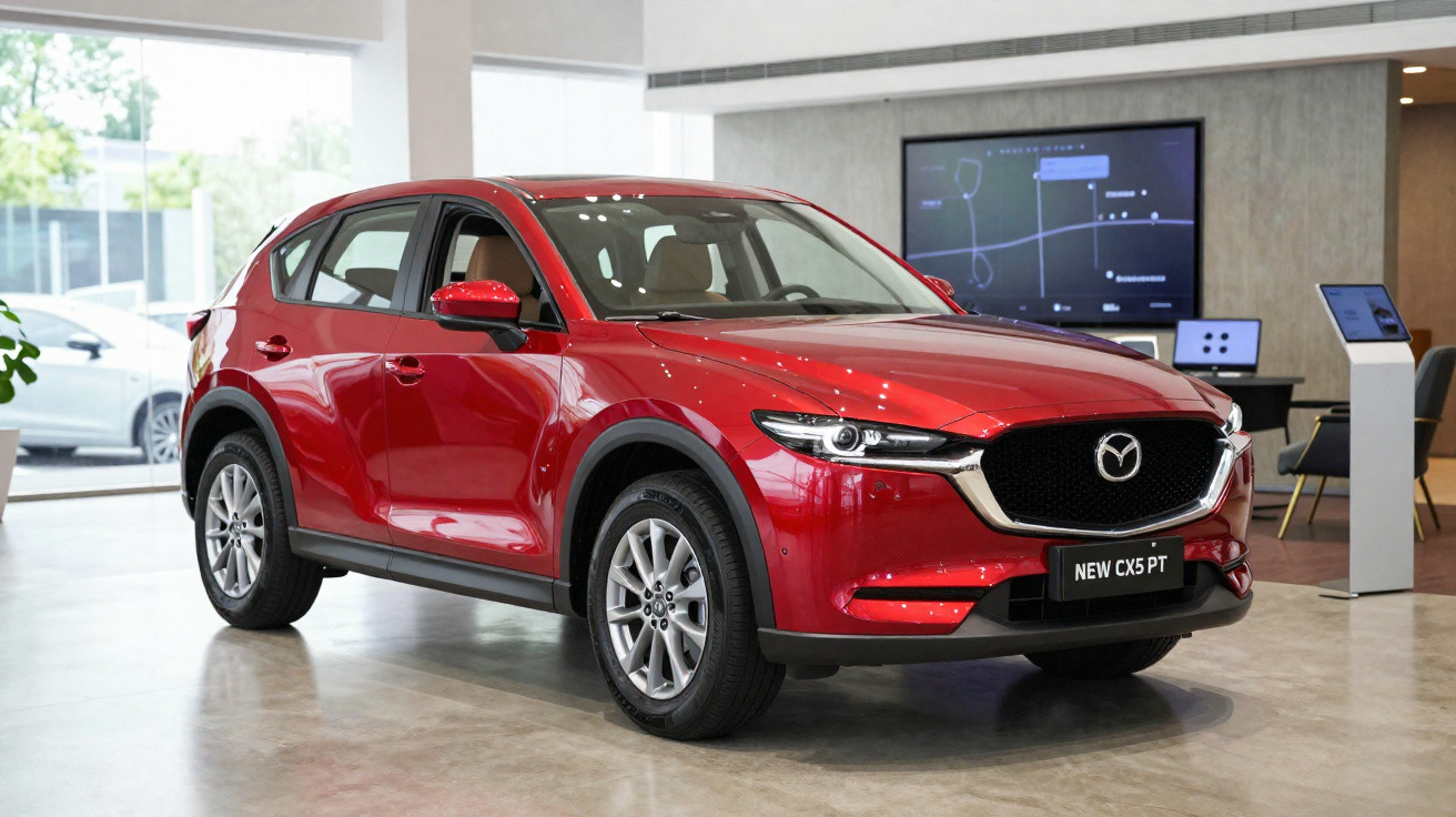 Carro vermelho Mazda CX-5 exibido em showroom moderno com painel digital ao fundo.