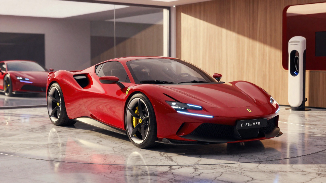 Carro esportivo Ferrari vermelho em showroom moderno com piso de mármore e parede de madeira.
