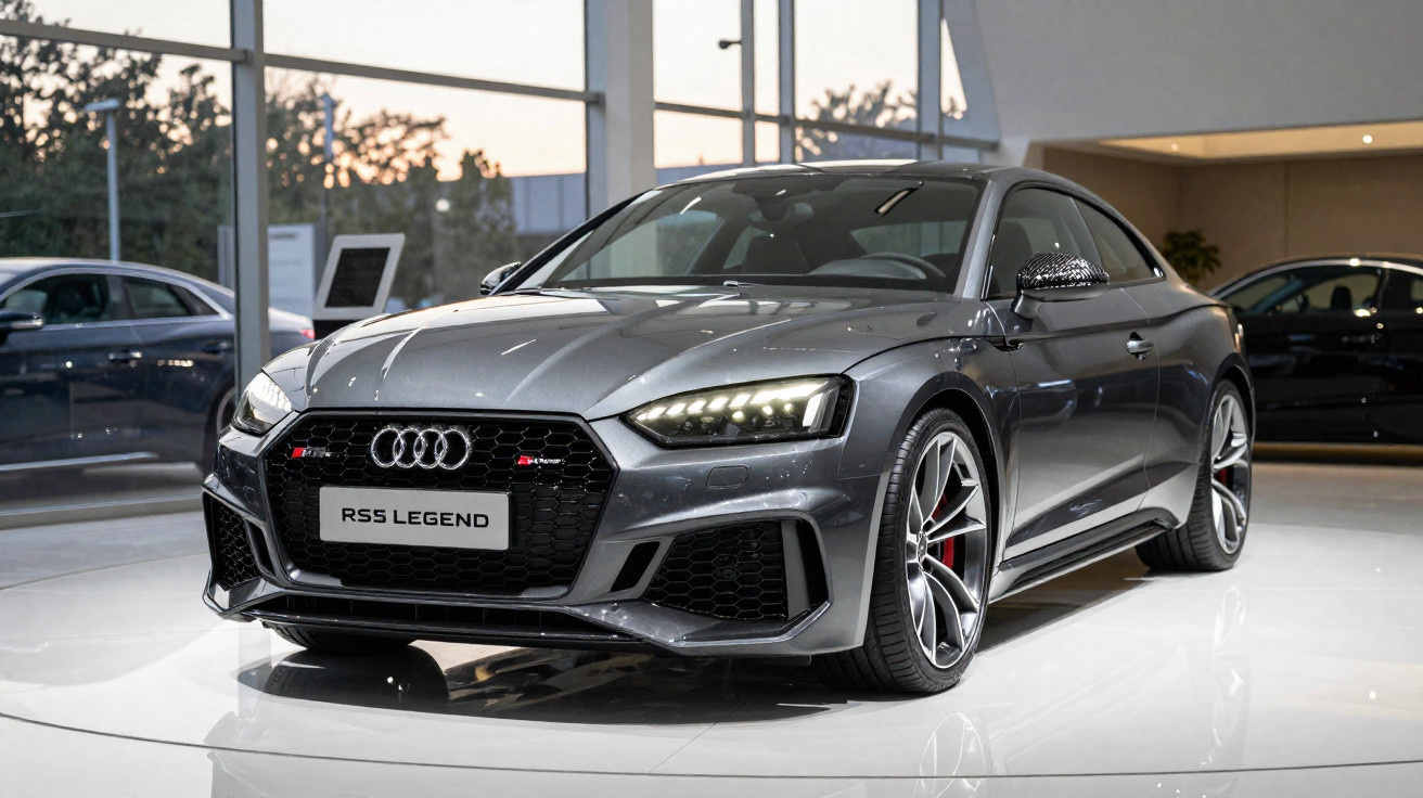 Carro cinza Audi RS5 Legend exposto em showroom moderno com piso branco brilhante.