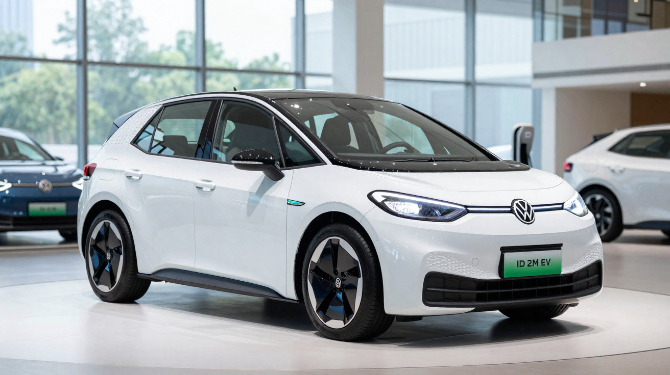 Carro elétrico Volkswagen ID.2M EV branco exibido em showroom com janelas grandes ao fundo.