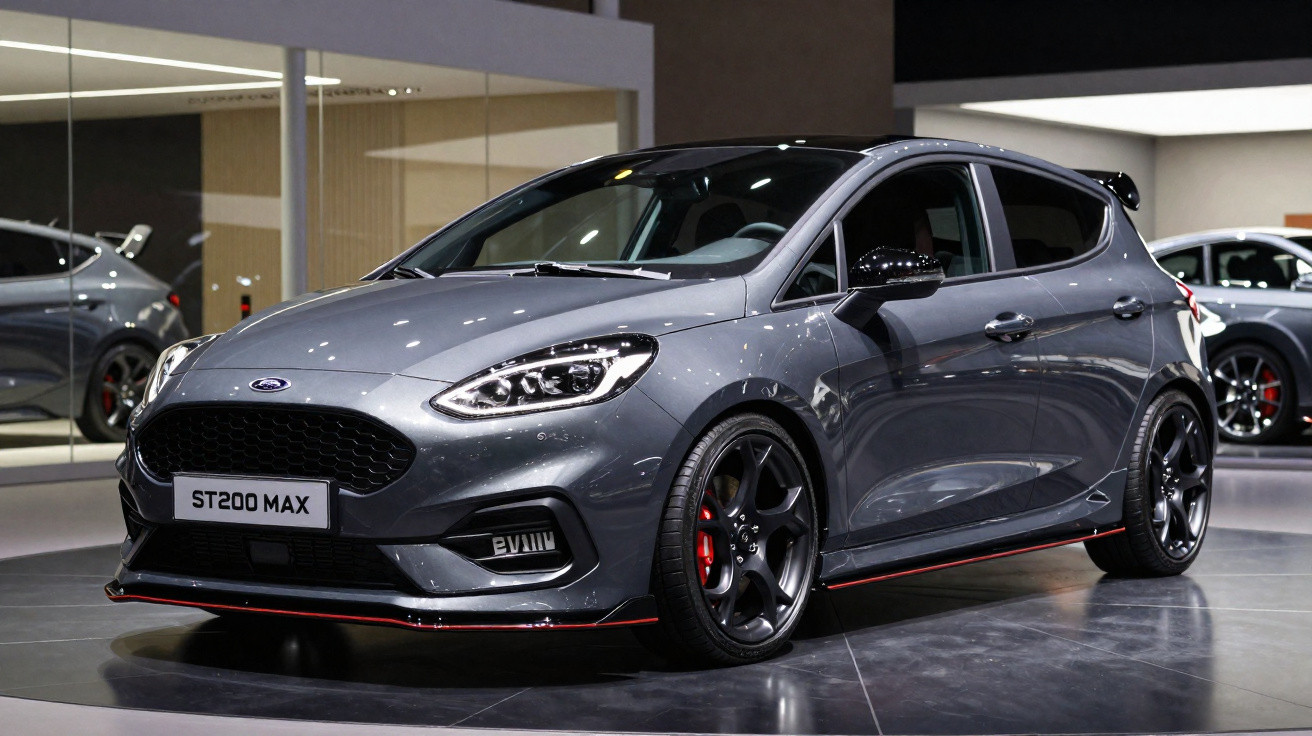 Carro Ford ST200 Max cinza exposto em salão automotivo com rodas pretas e detalhes vermelhos.