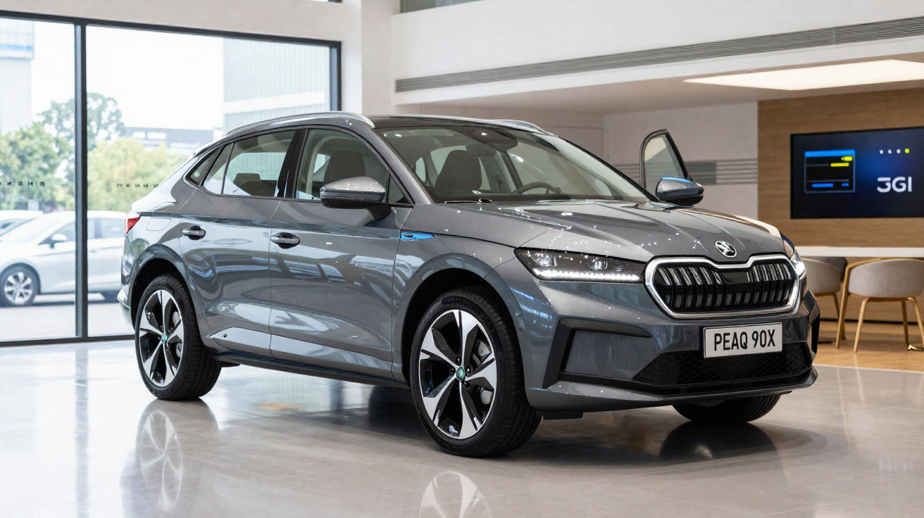 Carro elétrico cinza escuro estacionado em showroom moderno com piso refletivo e grandes janelas.