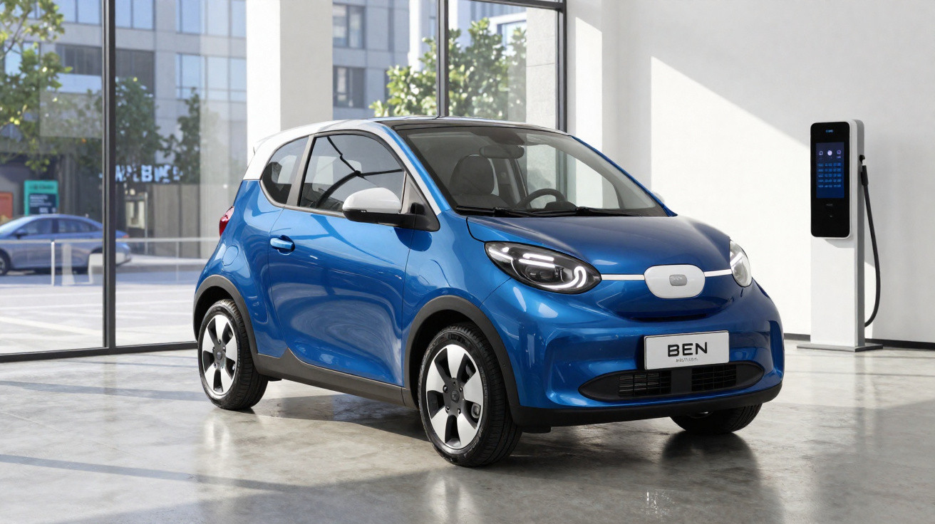 Carro elétrico azul estacionado em showroom ao lado de estação de recarga e janela com vista urbana.