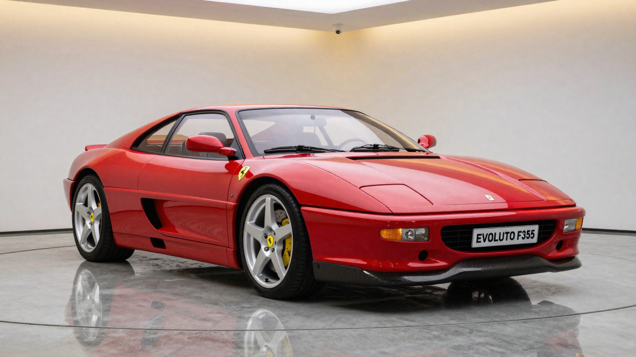Carro esportivo Ferrari vermelho modelo Evoluto F355 em ambiente interno com piso refletivo.