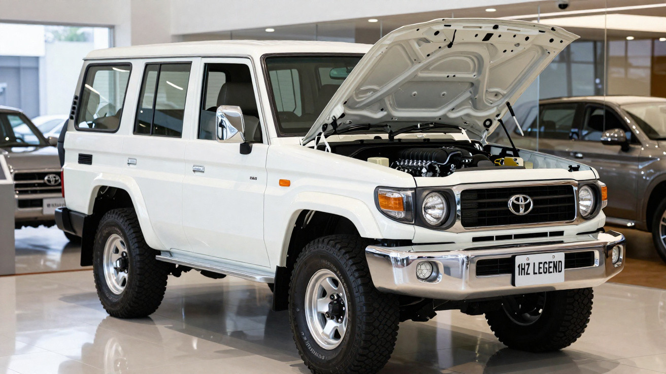 Toyota Land Cruiser branco com capô aberto em expositor interno, plataforma refletindo imagem do veículo.