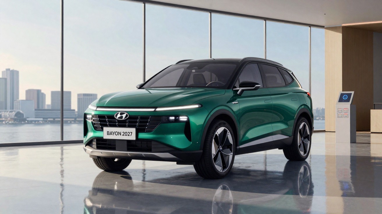 Carro SUV Hyundai Bayon 2027 verde em ambiente interno com janelas grandes e vista urbana ao fundo.