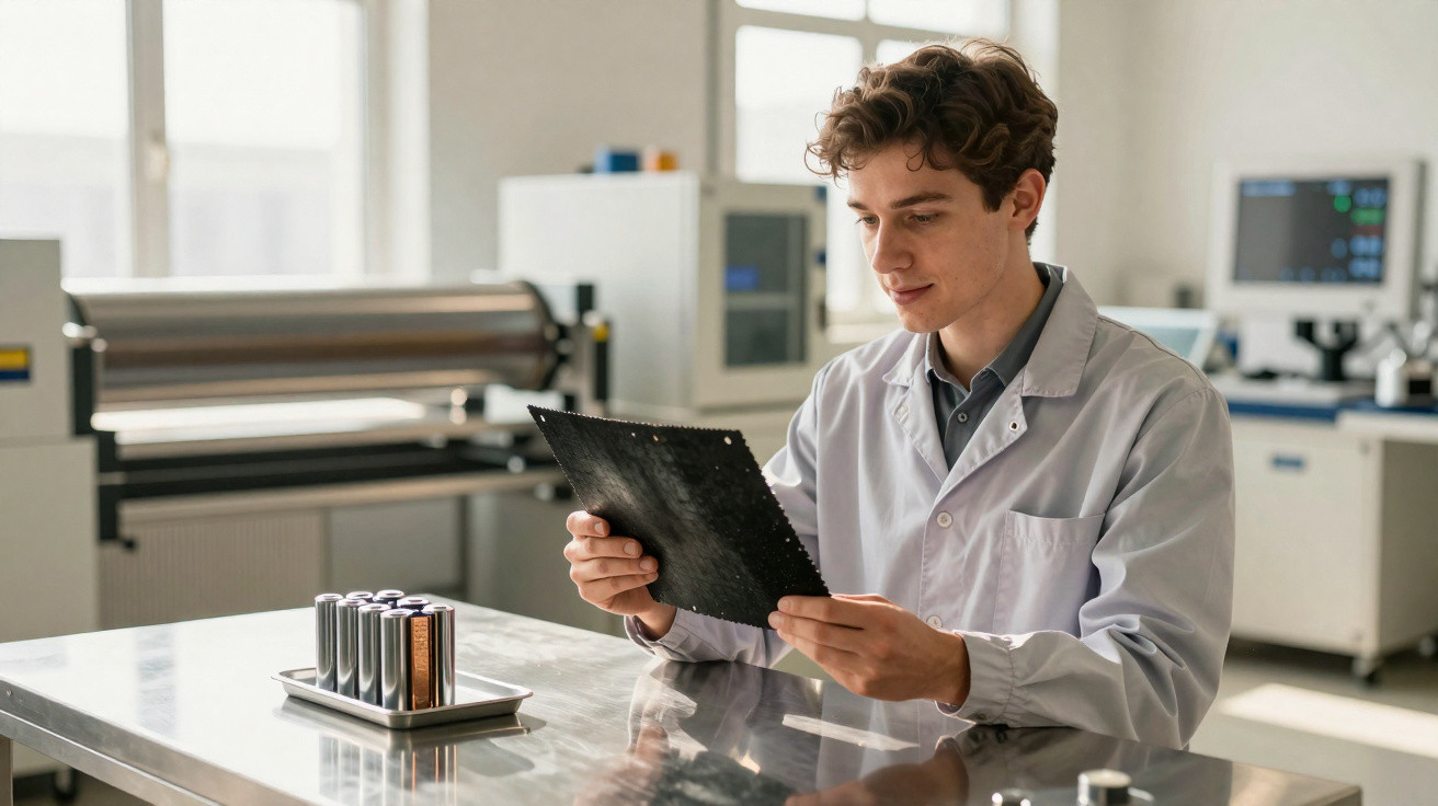 Homem de jaleco branco examinando uma placa de circuito em laboratório moderno.