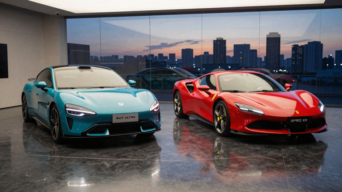 Dois carros esportivos estacionados em showroom moderno com vista para cidade ao entardecer.