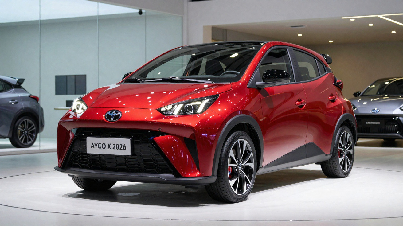 Carro Toyota Aygo X 2026 vermelho em exposição com roda preta e detalhes esportivos.