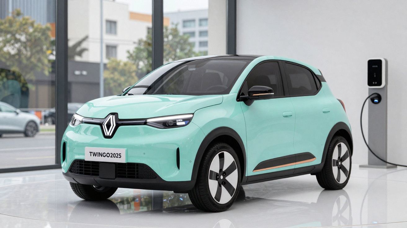 Carro elétrico Renault Twingo 2025 azul claro com detalhes dourados em exposição ao lado de carregador.